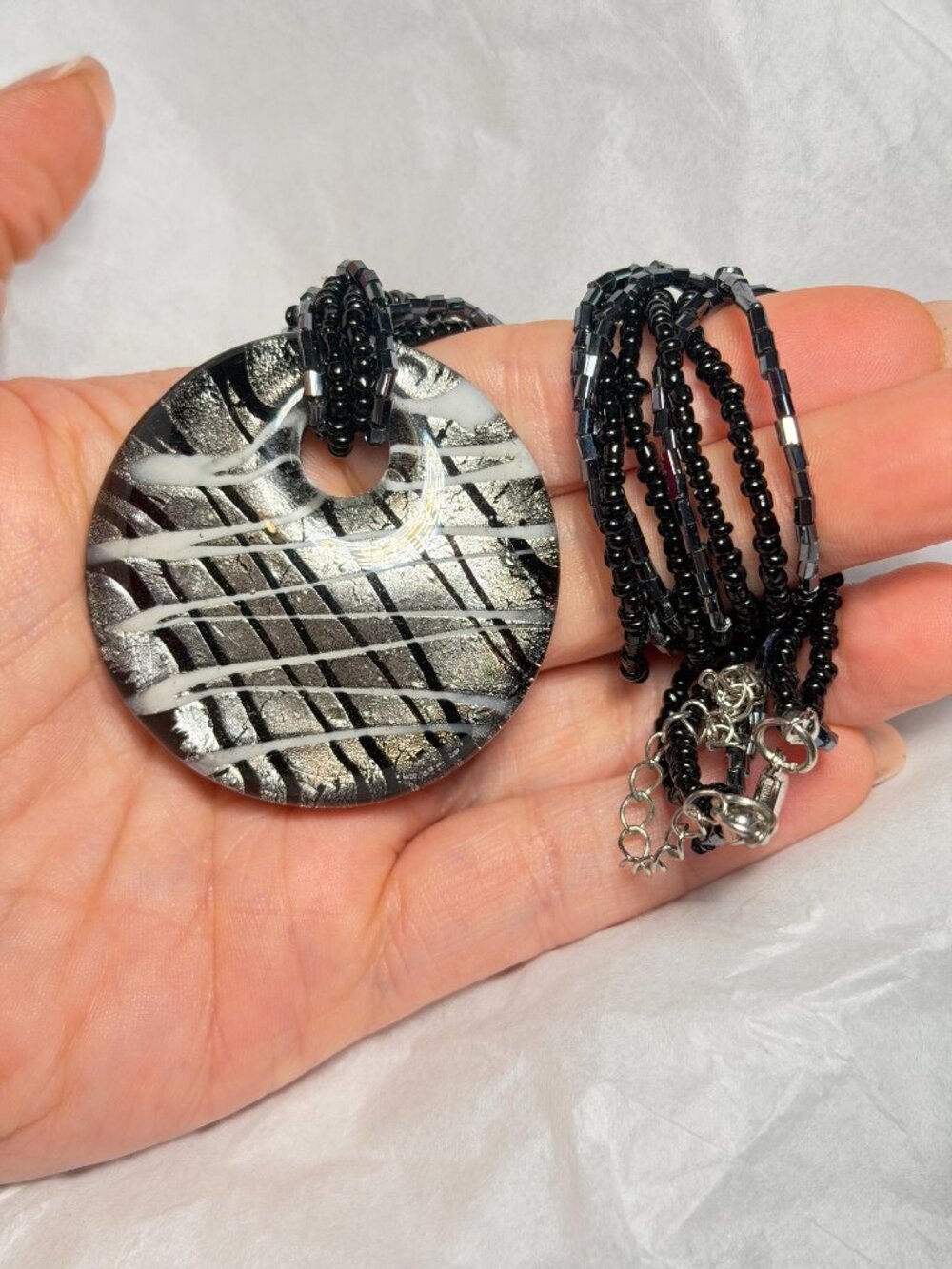 Murano Glass Pendant with Necklace Black Multi Strand Beads Handmade OOAK